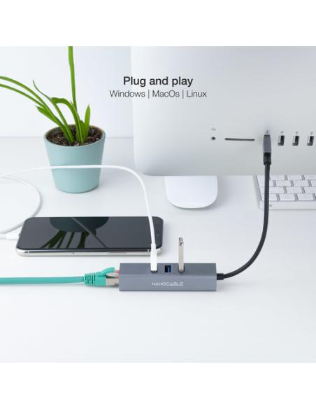 Nanocable Conversor USB 3.0 a Ethernet Gigabit + 3XUSB 3.0, Aluminio, Gris, 15 cm