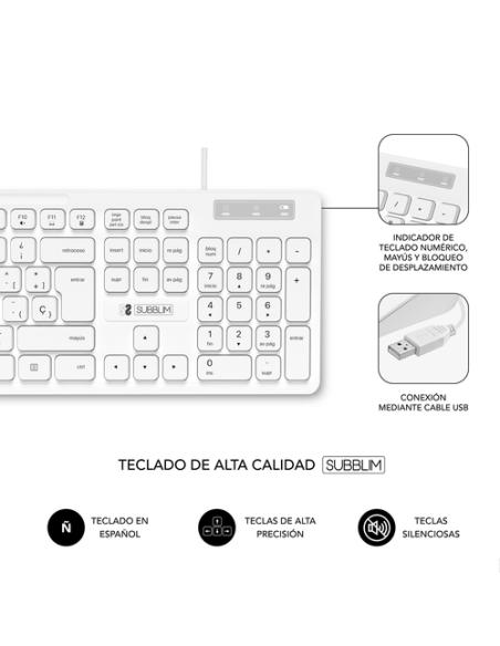 SUBBLIM Teclado Ergonómico Business Slim Silencioso con cable USB Blanco
