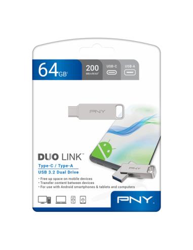 PNY DUO LINK unidad flash USB 64 GB USB Type-A / USB Type-C 3.2 Gen 1 (3.1 Gen 1) Acero inoxidable