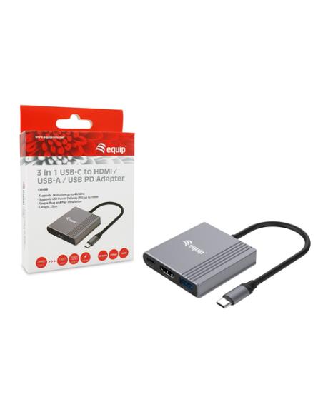 Equip Adaptador 3 en 1 USB-C a HDMI / USB-A / USB PD, 4K/60Hz, 100W USB PD