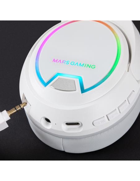 Mars Gaming MHW-100 Blanco, Auriculares Inalámbricos ARGB Flow, Micrófono ENC Extraíble,Cancelación de Ruido Activa ENC + Pasiva