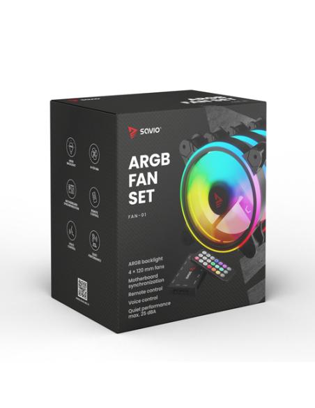 Savio FAN-01 4-pack 120mm ARGB fan including controller and remote control Carcasa del ordenador Ventilador 12 cm Negro 4 pieza(