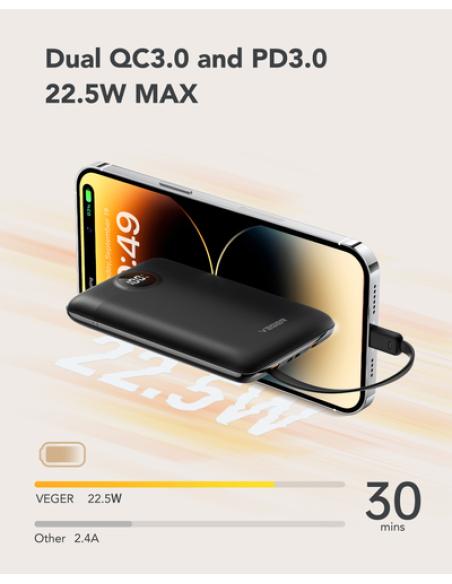 VEGER C11 VG-W1170 PowerBank 10000mAh smallest PD20W with cables bulit-in