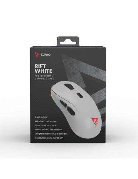Savio RIFT WHITE gaming mouse RGB Dual Mode ratón Juego mano derecha Bluetooth + USB Type-C Óptico 10000 DPI