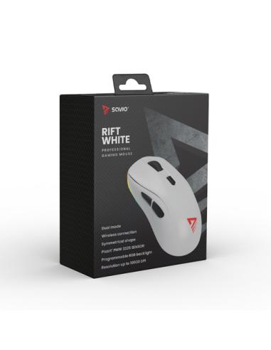 Savio RIFT WHITE gaming mouse RGB Dual Mode ratón Juego mano derecha Bluetooth + USB Type-C Óptico 10000 DPI