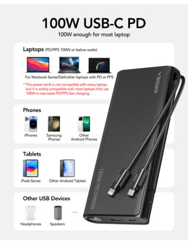 VEGER TC130 VG-W2503-T130 25000mAh powerbank 130W cables bulit-in