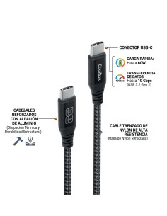 CoolBox CABLE TRENZADO USB-C USB-C 3.2 GEN2 DATOS 10GBPS + CARGA RAPIDA 60W ALUMINIO 2