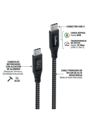 CoolBox CABLE TRENZADO USB-C USB-C 3.2 GEN2 DATOS 10GBPS + CARGA RAPIDA 60W ALUMINIO