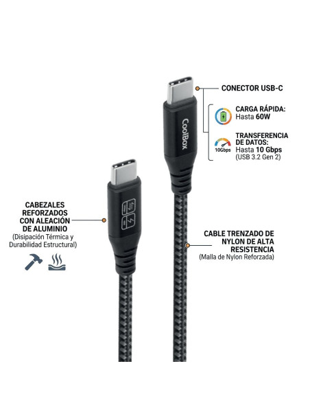 CoolBox CABLE TRENZADO USB-C USB-C 3.2 GEN2 DATOS 10GBPS + CARGA RAPIDA 60W ALUMINIO