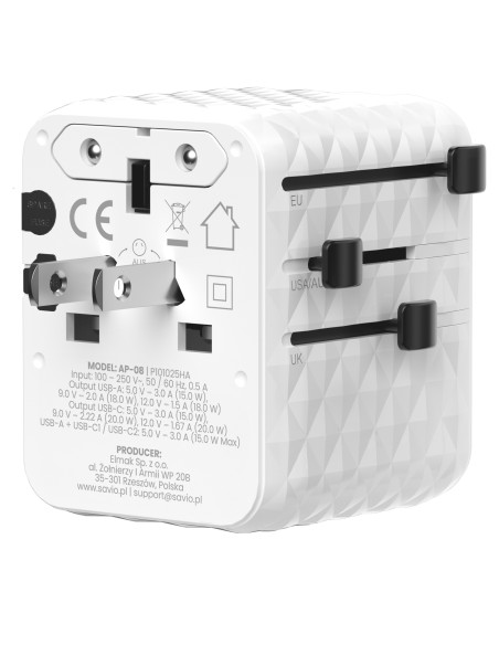 Savio AP-08 adaptador e inversor de corriente 20 W Blanco
