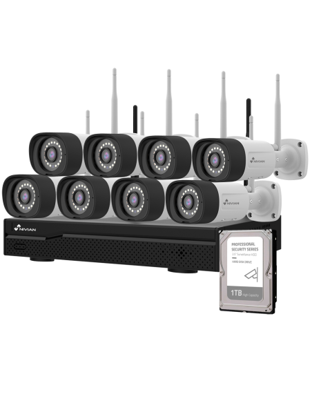 KIT VIDEOVIGILANCIA NIVIAN WIFI / VIDEOGRABADOR 16 CANALES / 8XCAMARA WIFI + ETHERNET / 2.4Ghz / 1 x HDD 1.0 TB / IP66 / HDMI-VG