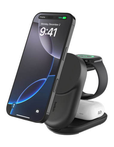 Belkin Qi2 Fitness tracker, Auriculares, Smartphone, Reloj inteligente Negro USB Cargador inalámbrico Carga rápida Interior