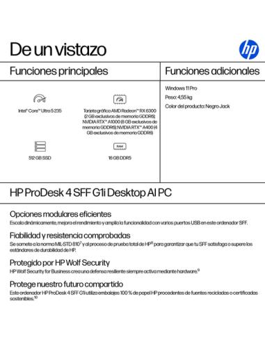 HP ProDesk 4 SFF G1i AI PC Intel Core Ultra 5 235 16 GB DDR5-SDRAM 512 GB SSD Windows 11 Pro Negro