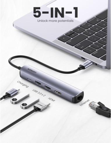 Ugreen 10919 base para portátil y replicador de puertos Alámbrico USB 3.2 Gen 1 (3.1 Gen 1) Type-C Gris