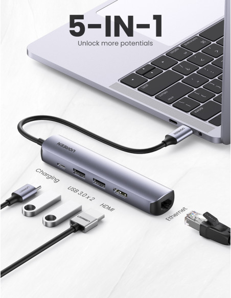 Ugreen 10919 base para portátil y replicador de puertos Alámbrico USB 3.2 Gen 1 (3.1 Gen 1) Type-C Gris