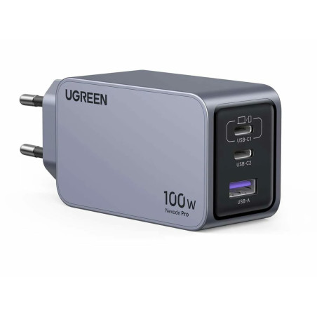 Ugreen 25874 Nexode Pro EU 3-Port GaN PD Fast Charger With USB-C Cable, Interior, Corriente alterna, Negro, Gris