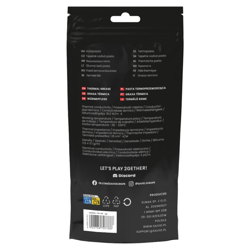 Savio TG-05 2G TG-05 2g, Pasta térmica, 18 W/m·K, 2.6 ± 0.1 g/ml, 40 - 230 °C, CE WEE, 2 ml