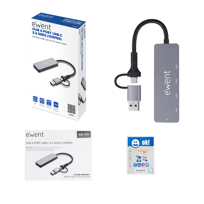 Ewent EW1151 EW1151, USB Tipo C, USB Tipo C, 10000 Mbit/s, Gris, Aluminio, Plástico, 0,15 m