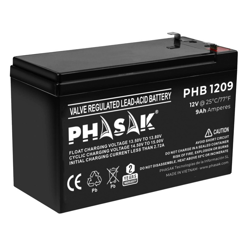 Phasak PHB 1209 Batería 12V 9Ah - PHB 1209, 12 V, 9 Ah, 1 pieza(s), 9 VAh, Negro, 20 h