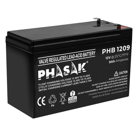 Phasak PHB 1209 Batería 12V 9Ah - PHB 1209, 12 V, 9 Ah, 1 pieza(s), 9 VAh, Negro, 20 h