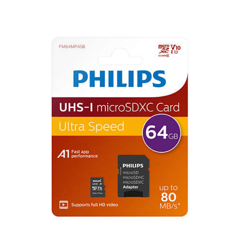 Philips FM64MP45B/00 FM64MP45B/00, 64 GB, MicroSDXC, Clase 10, UHS-I, 80 MB/s, Class 1 (U1)