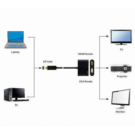 Gembird A-DPM-HDMIFVGAF-01 A-DPM-HDMIFVGAF-01, 0,1 m, DisplayPort, Macho, Hembra, Negro, Derecho