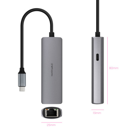 Nanocable 10.16.4603 Adaptador USB-C 3.1 a RJ45, con PD 100W, USB-C/M, Aluminio, Color Gris, 18 cm, Alámbrico, USB 3.2 Gen 1
