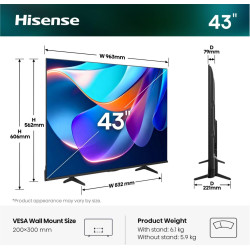 Hisense 20018202 43A6S, 109,2 cm (43"), 3840 x 2160 Pixeles, DLED, Smart TV, Wifi, Negro 2