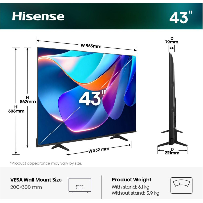 Hisense 20018202 43A6S, 109,2 cm (43"), 3840 x 2160 Pixeles, DLED, Smart TV, Wifi, Negro