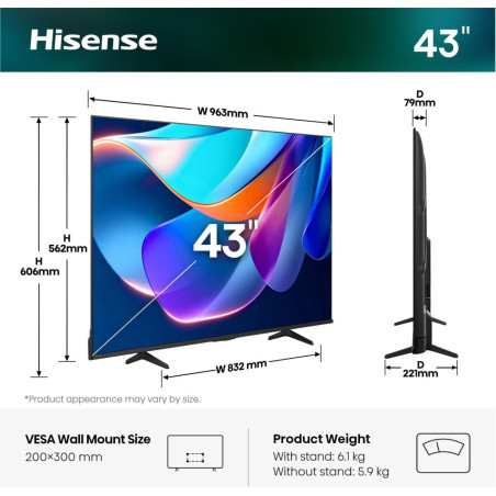 Hisense 20018202 43A6S, 109,2 cm (43"), 3840 x 2160 Pixeles, DLED, Smart TV, Wifi, Negro