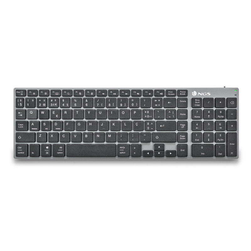 NGS NGS-KEYBOARD-0390 FORTUNE-BT, QWERTY, PT, Completo (100%), Inalámbrico, Bluetooth, QWERTY, Negro, Plata