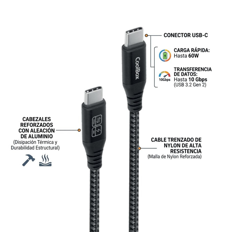 CoolBox COO-CAB-UC-60W CABLE TRENZADO USB-C/USB-C 3.2 GEN2 DATOS 10GBPS + CARGA RAPIDA 60W ALUMINIO, 1,2 m, USB C, USB C, USB