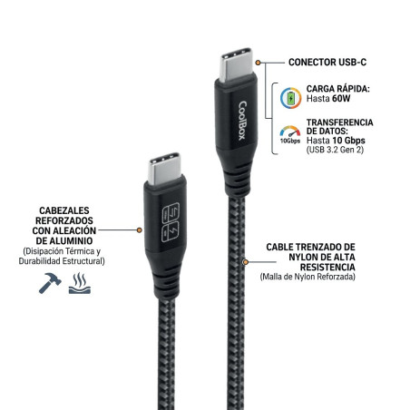 CoolBox COO-CAB-UC-60W CABLE TRENZADO USB-C/USB-C 3.2 GEN2 DATOS 10GBPS + CARGA RAPIDA 60W ALUMINIO, 1,2 m, USB C, USB C, USB