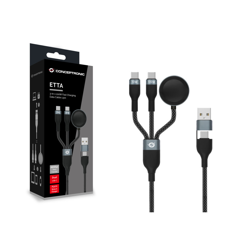Conceptronic ETTA08B15 ETTA08B15, 1,5 m, USB A, 2 x USB C, USB 2.0, 0,48 Gbit/s, Negro
