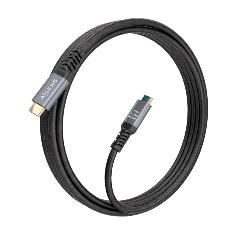 AISENS A107-0988 Cable USB 3.2 Gen2x2 Aluminio 20Gbps 8K@30Hz 5A 100W E-Mark, Tipo USB-C/M-USB-C/M, Negro, 3.0m, 3 m, USB C,