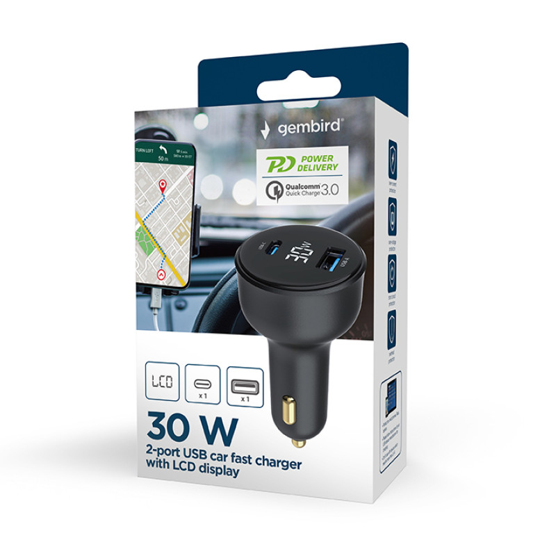 Gembird TA-UC-AC2PD30LCD-CAR-01 TA-UC-AC2PD30LCD-CAR-01, Auto, Encendedor de cigarrillos, Negro