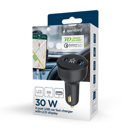 Gembird TA-UC-AC2PD30LCD-CAR-01 TA-UC-AC2PD30LCD-CAR-01, Auto, Encendedor de cigarrillos, Negro