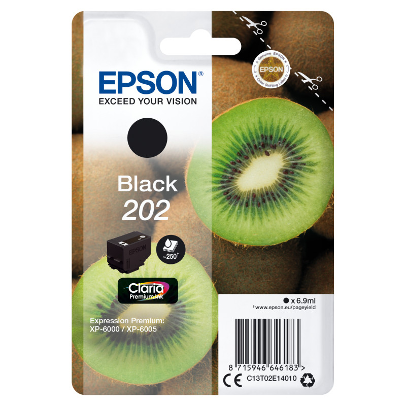 Epson C13T02E14020 Kiwi Singlepack Black 202 Claria Premium Ink, Rendimiento estándar, Negro, Tinta a base de pigmentos, 6,9