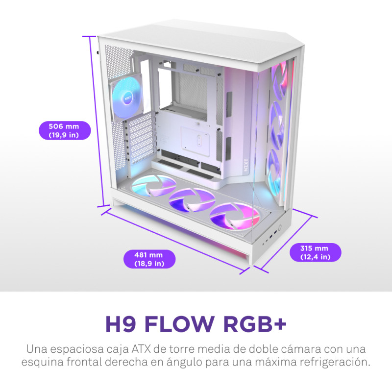 NZXT CM-H92FW-P1 H9 Flow RGB+, Midi Tower, PC, Blanco, ATX, EATX, micro ATX, Mini-ITX, Malla, SGCC, Vidrio templado, 16,5 cm