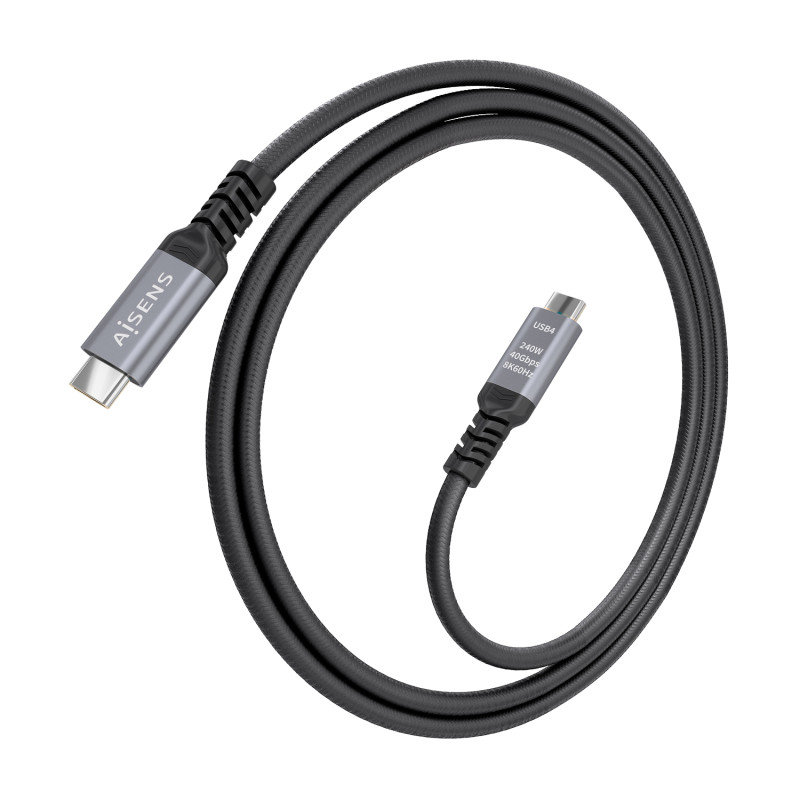 AISENS A156-0995 Cable USB4 Gen3x2 Aluminio 40Gbps 8K@60Hz 5A 48V 240W E-Mark, Tipo USB-C/M-USB-C/M, Negro, 1.5m, 1,5 m, USB C,