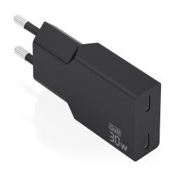 AISENS A110-1006 Cargador Ultra Delgado GaN 30W, 2xUSB-C PD3.0, Negro, Interior, Corriente alterna, Negro