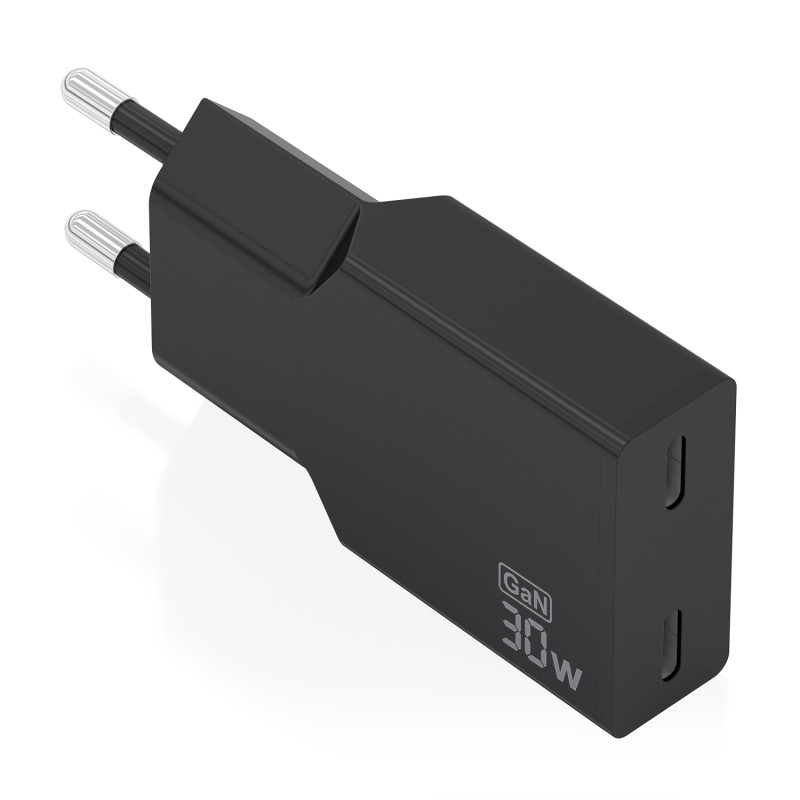 AISENS A110-1006 Cargador Ultra Delgado GaN 30W, 2xUSB-C PD3.0, Negro, Interior, Corriente alterna, Negro