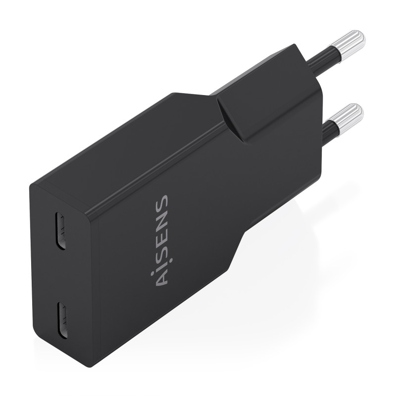 AISENS A110-1006 Cargador Ultra Delgado GaN 30W, 2xUSB-C PD3.0, Negro, Interior, Corriente alterna, Negro