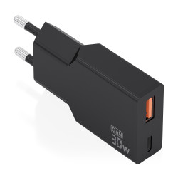 AISENS A110-1005 Cargador Ultra Delgado GaN 30W, 1xUSB-C PD3.0 QC4.0, 1xUSB-A QC3.0, Negro, Interior, Corriente alterna, Negro