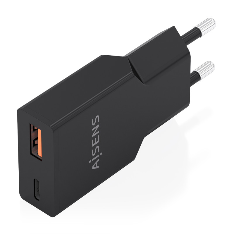AISENS A110-1005 Cargador Ultra Delgado GaN 30W, 1xUSB-C PD3.0 QC4.0, 1xUSB-A QC3.0, Negro, Interior, Corriente alterna, Negro