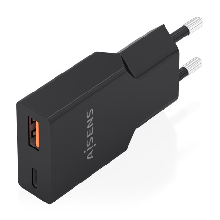 AISENS A110-1005 Cargador Ultra Delgado GaN 30W, 1xUSB-C PD3.0 QC4.0, 1xUSB-A QC3.0, Negro, Interior, Corriente alterna, Negro