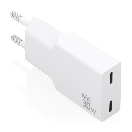 AISENS A110-1003 Cargador Ultra Delgado GaN 30W, 2xUSB-C PD3.0, Blanco, Interior, Corriente alterna, Blanco