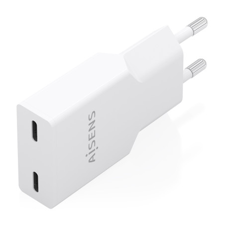 AISENS A110-1003 Cargador Ultra Delgado GaN 30W, 2xUSB-C PD3.0, Blanco, Interior, Corriente alterna, Blanco