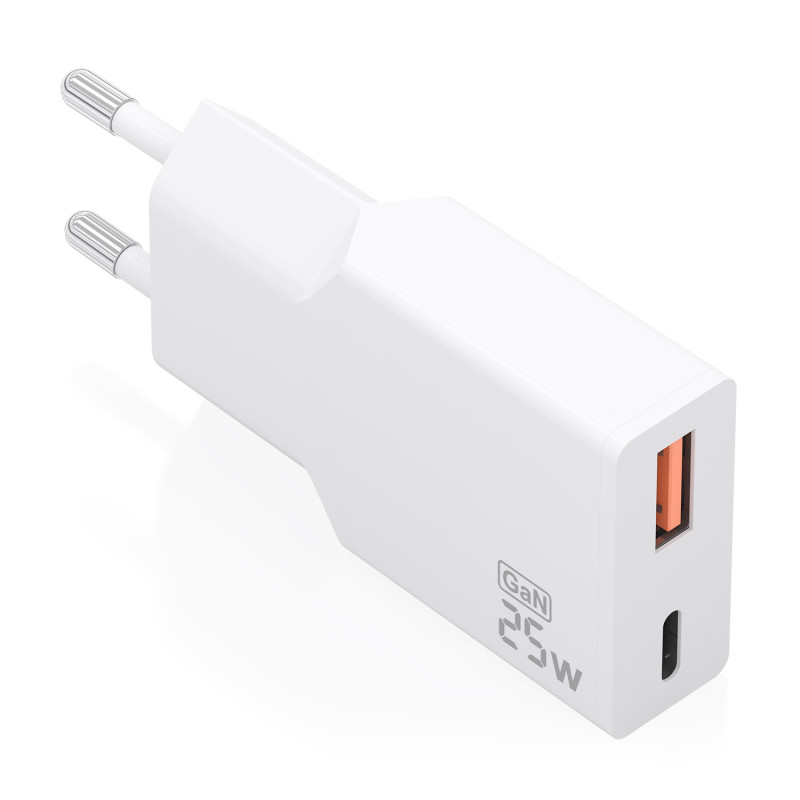 AISENS A110-1000 Cargador Ultra Delgado GaN 25W, 1xUSB-C PD3.0 QC4.0, 1xUSB-A QC3.0, Blanco, Interior, Corriente alterna, Blanco
