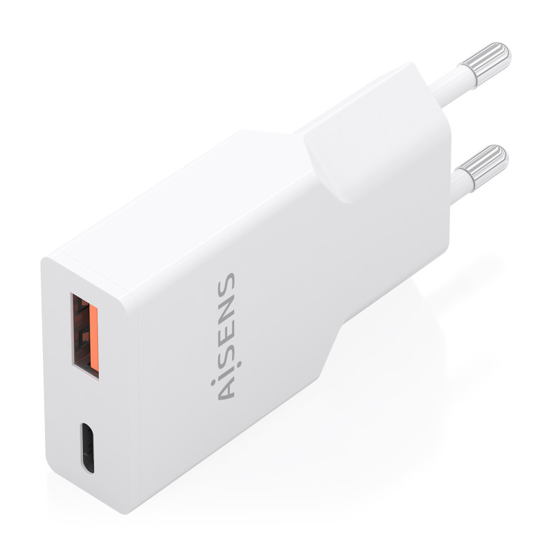AISENS A110-0998 Cargador Ultra Delgado GaN 20W, 1xUSB-C PD3.0 QC4.0, 1xUSB-A QC3.0, Blanco, Interior, Corriente alterna, Blanco